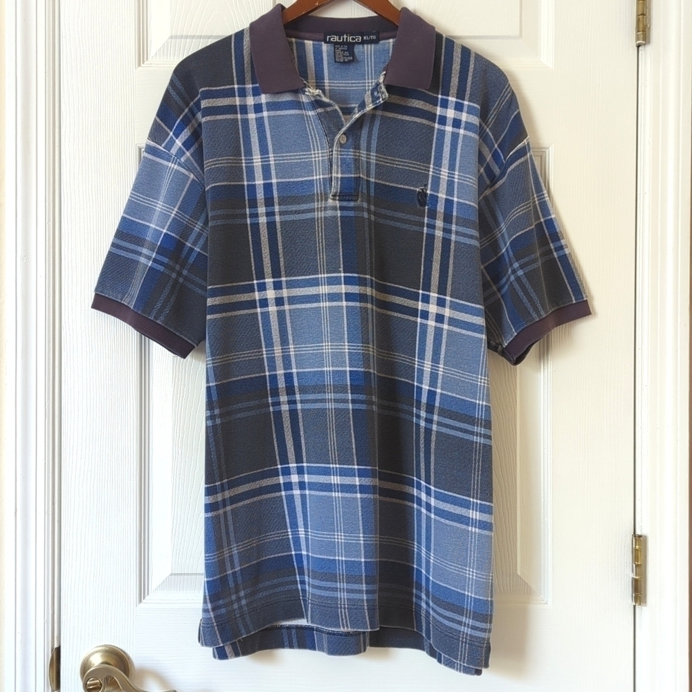 Nautica 90's Vintage Preppy Plaid Short Sleeve Henley Polo Shirt Navy Blue XL